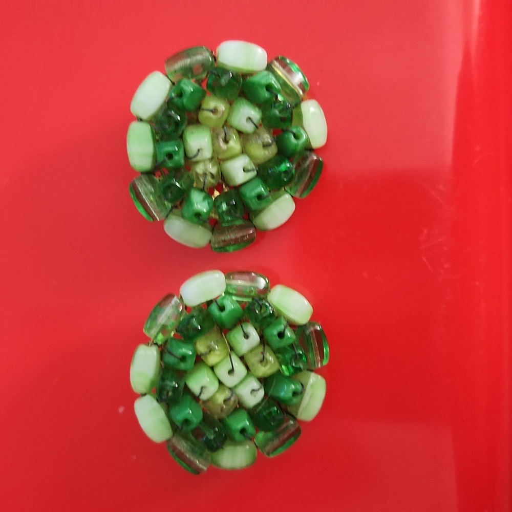 Vintage marvella green beaded clip on earrings, boho look